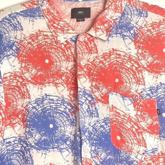 Obey Men's Button Front Collar Shirt Red White Blue Firecracker Size Medium - Picture 2 of 7